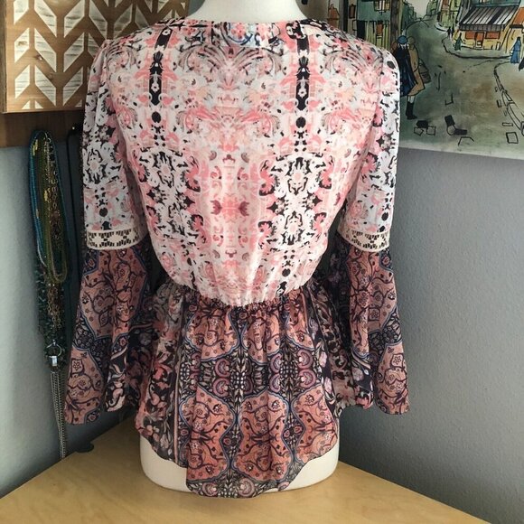 Y2K Vintage Bebe Silk Babydoll Empire Waist Bell Sleeve Blouse - Picture 4 of 15